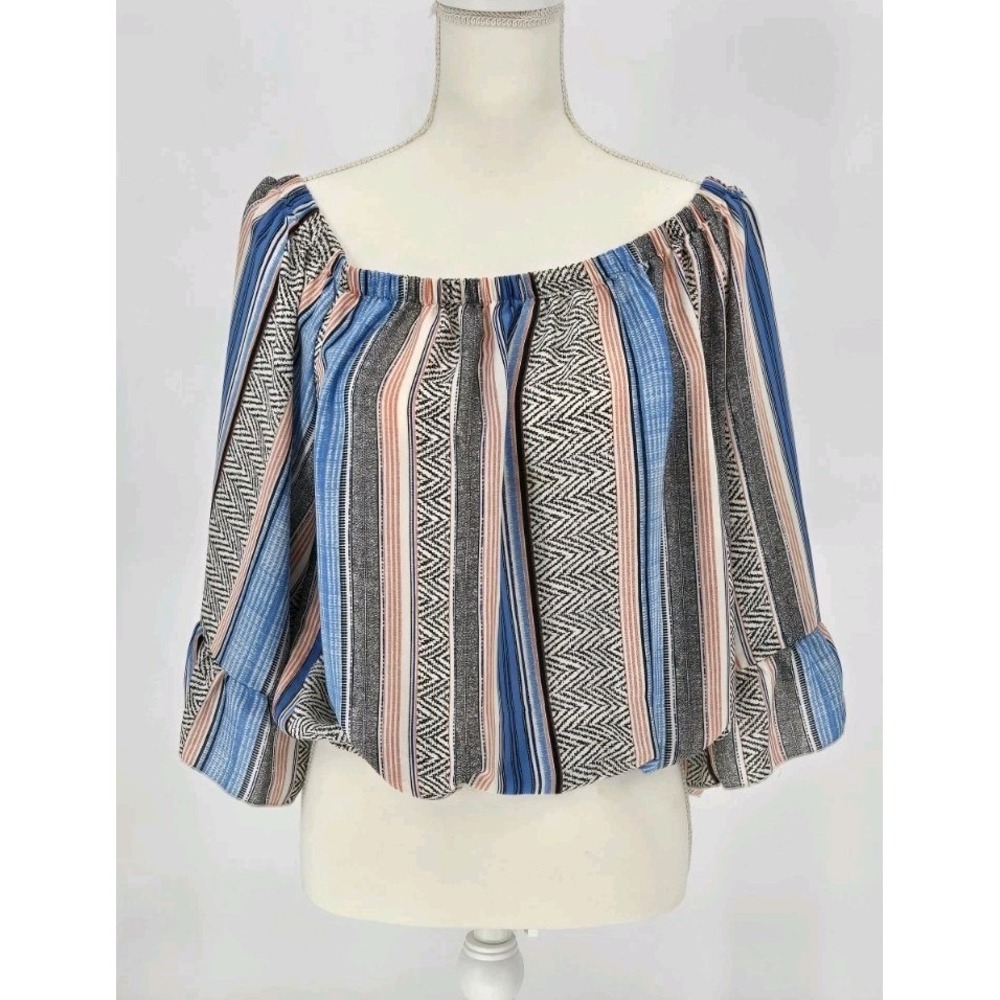 Venus Off Shoulder Striped Top Women's Size MEDIUM Blue Linen Blend Boho